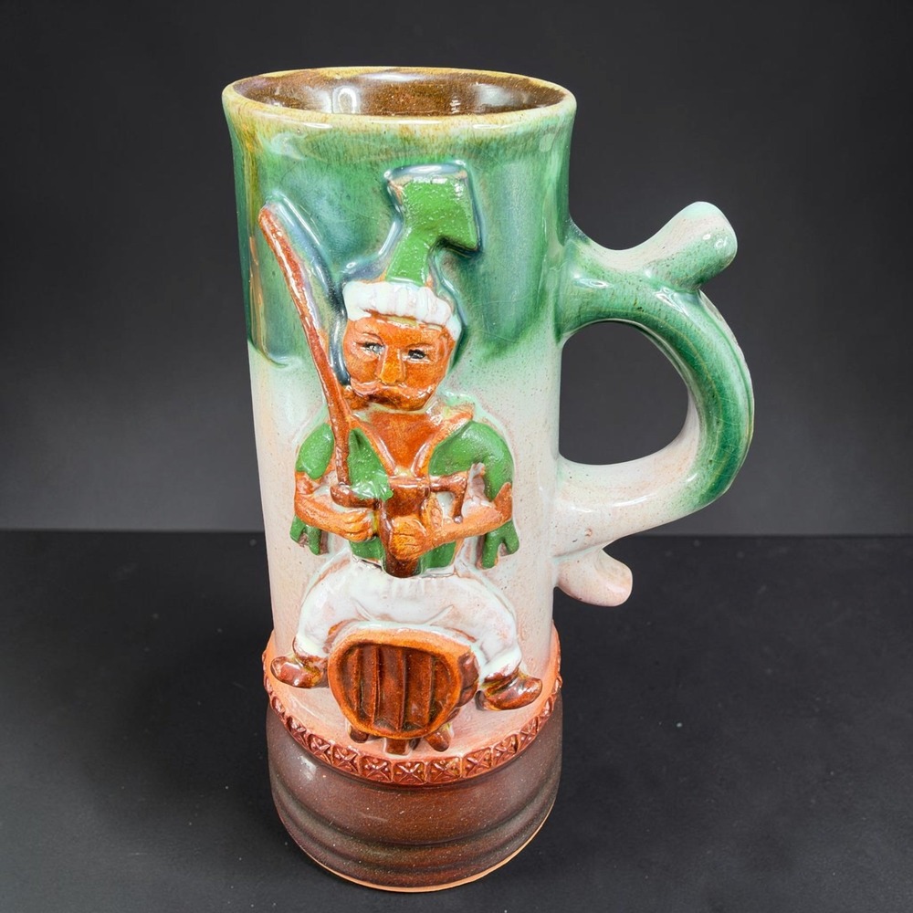 Vintage Polish Pottery Zbojnicki Beer Stein Robber Bandit Figural Relief Mug Cup